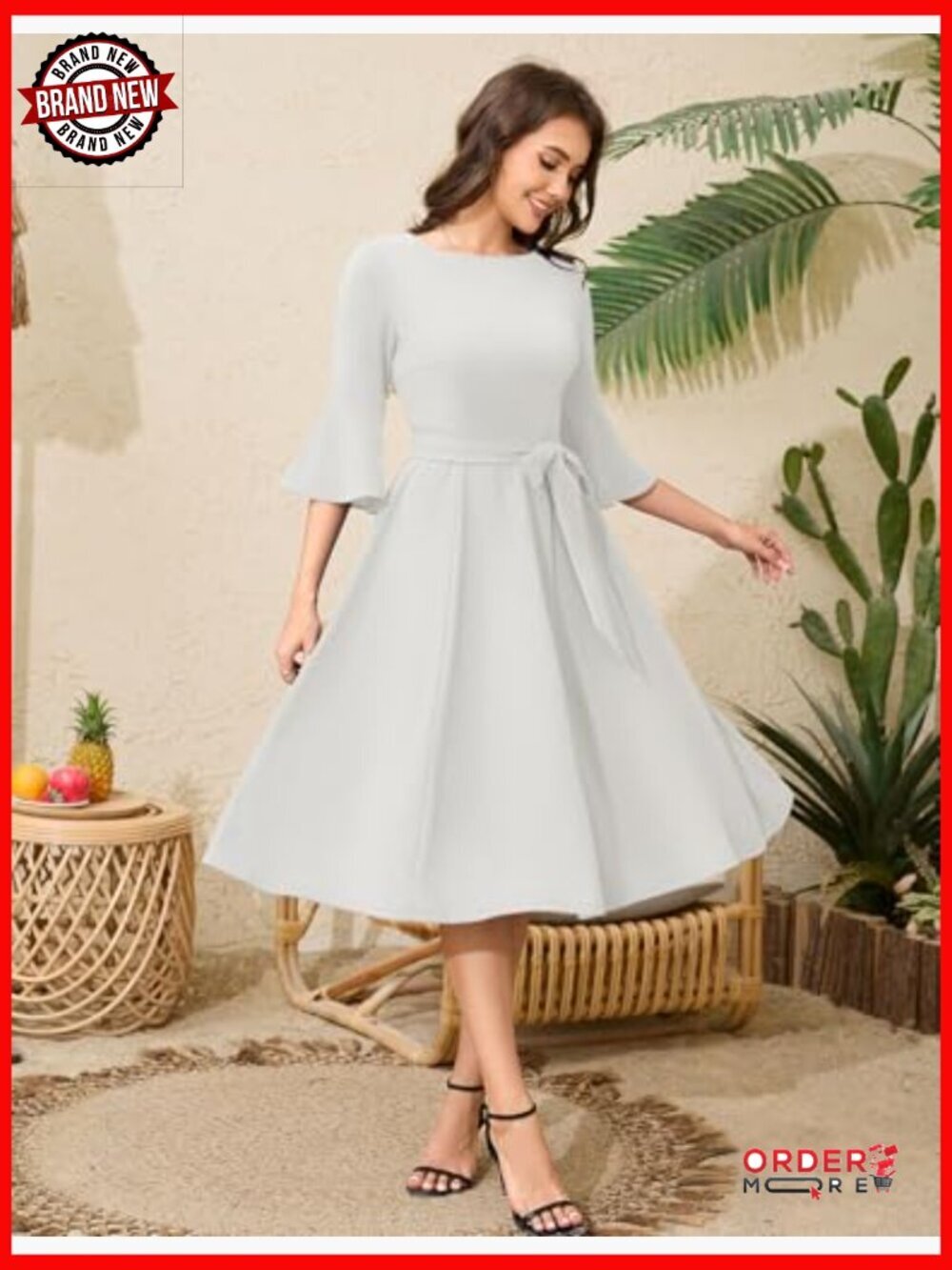 Modest Bell Sleeve Vintage A-Line Midi Dress with Belt - Picture 2 of 7